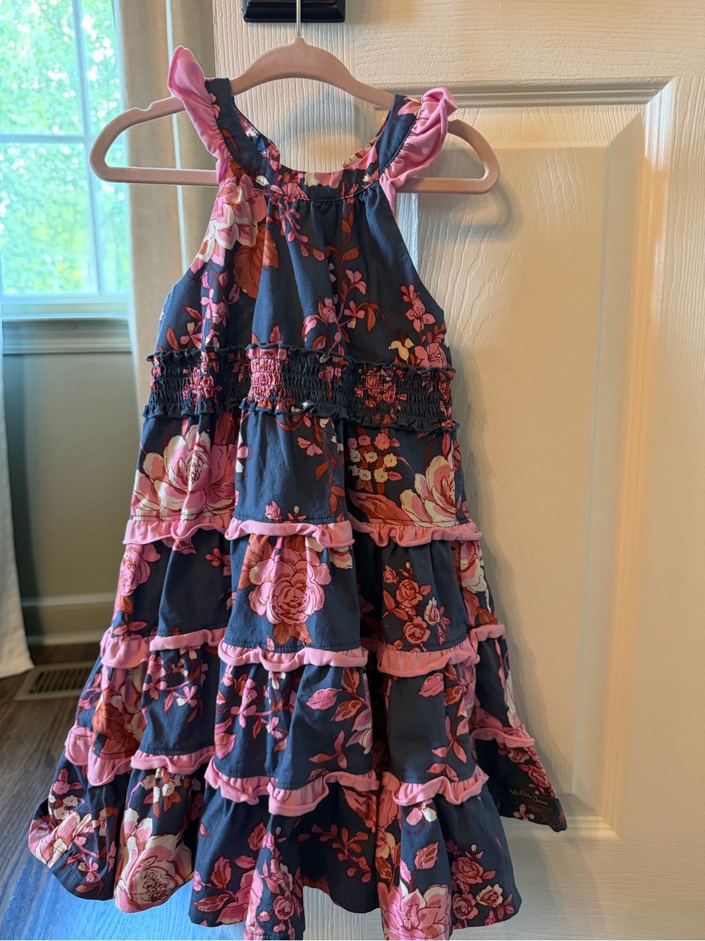 Matilda Jans Girls Navy Floral Ruffle Tiered Dress with Pink Trim